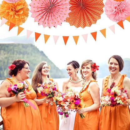 Pink-Orange Groovy Party-Decorations - 20pcs Fall Autumn Thanksgiving Harvest Paper Streamers Lanterns Fans,Tissue Pom Poms,Honeycomb Balls,Bunting,Birthday Baby Bridal Shower Wedding Decor Burgleda