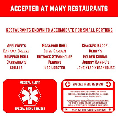 Bariatric Card for Restaurants, Special Menu Request Card, Portion Control Restaurant Request for Bariatric or Gastric Sleeve Patients, Wallet Sized, Set of 2 Cards (2, Red, 3.375in x 2.125in)