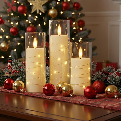 Raycare Flameless Candle with Remote Timer – 9 Flickering Acrylic Battery Operated LED Pillar Candles with Embedded Star String for Halloween, Home Decor, and as a Gift (Ivory)