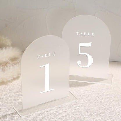UNIQOOO Frosted Arch Wedding Table Numbers with Stands 1-15, 5x7" Acrylic Display Signs and Holders, Pack of 15, Perfect for Centerpiece, Reception, Decoration, Party, Anniversary, Event