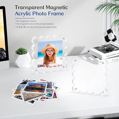 Acrylic Magnetic Picture Frames 4x4-2Pack Clear Freestanding Photo Frame.Double-Sided Scalloped Edges, 10+10mm Thick Block, for Modern Desktop Display &Perfect for Gifts (2 Pack, 4X4)