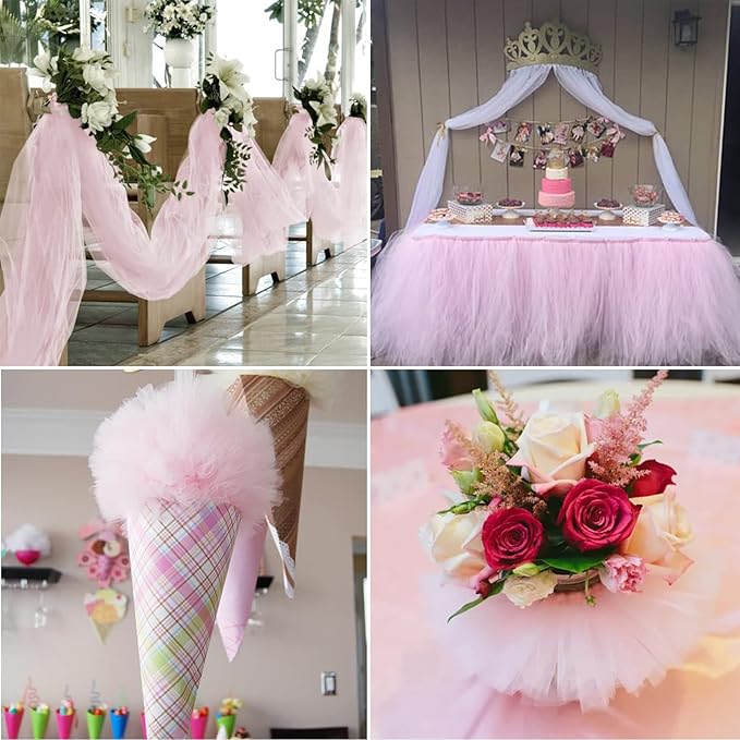 Light Pink Tulle Fabric Rolls 6 Inch by 200 Yards (600 feet) Fabric Spool Tulle Ribbon for DIY Light Pink Tutu Bow Baby Shower Birthday Party Wedding Decorations Craft Supplies