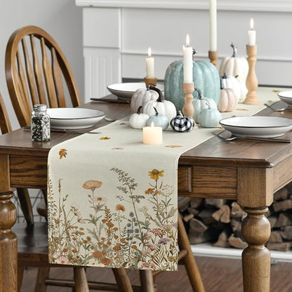 Artoid Mode Wild Flowers Grasses Floral Fall Table Runner, Seasonal Autumn Kitchen Dining Table Decoration for Home Party Decor 13x120 Inch