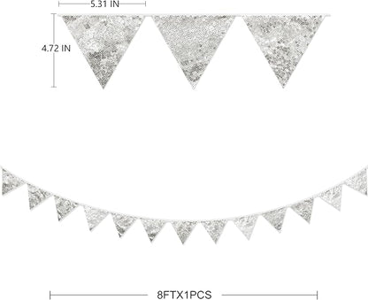 Pinkblume Double Sided Sequin Fabric Triangle Pennant Banner Flag Bunting Garland for Silver Theme Nursery Classroom Home Bedroom Wall Holiday Christmas Decor