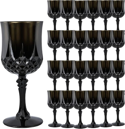 Plastic Wine Glasses，Plastic Goblets Vintage Style Cordial Drinking Glasses for Wedding Reception, Halloween Grand Event Party Supplies (24, Black)