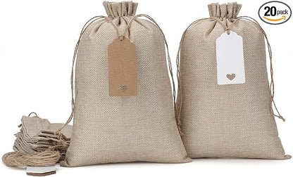 Burlap Bags with Drawstring - 20Pcs 8x12 Gift Sacks for Wrapping Halloween Favors, Breads, Seeds, Mason Jars, For Birthday, Wedding, Rodeo Themed Party or Household Use