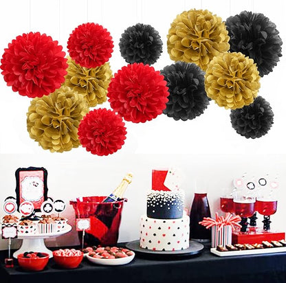 Red-Black Gold Party-Decorations Tissue Pom-Poms - 12pcs Game Night Casino-Theme Graduation Paper Flowers Garland,Birthday Wedding Baby Bridal Shower Decor Panduola