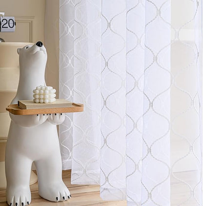 Sheer Curtains White 45 Inches,Wavy Diamond Embroidered Rod Pocket Voile Drapes for Living room, Bedroom, Window Treatments Semi Crinkle Curtain Panels for Yard, Patio, Parlor, 2 Panels, 52"x 45".