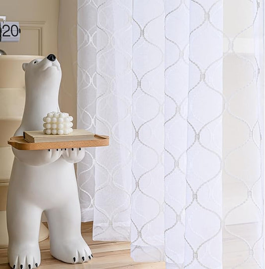 Embroidered Wave Diamond Sheer Curtains White 95 Inches, Window Treatments Rod Pocket Drapes for Living room, Bedroom, Semi Voile Curtain Panels for Yard, Patio, Villa, Parlor, Set of 2, 52"x95".