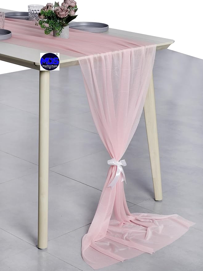 MDS 10 Pack 10ft Chiffon Table Runner 29 x 120 Inches Sheer Wedding Runner Romantic Rustic Table Runner for Wedding Decorations, Birthday Parties, Bridal Shower Party Arch Decor - Blush Pink