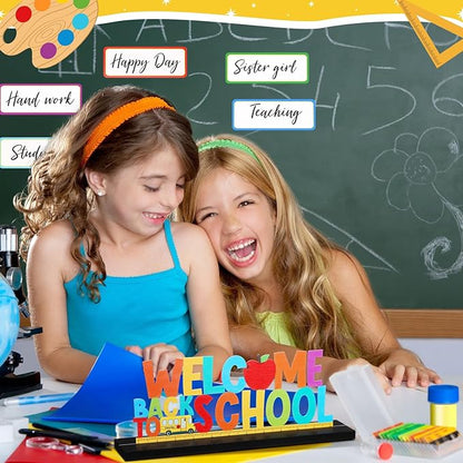 Welcome Back to School Metal Sign First Day of School Table Decor Metal Word Sign with Wooden Base for Classroom Teacher Party Favor Supplies Tiered Tray Decor Shelf Tabletop Decorations