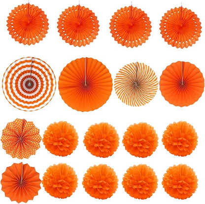ZERODECO Party Decoration, 21 Pcs Orange Hanging Paper Fans Pom Poms Flowers, Garlands String Polka Dot and Triangle Bunting Flags for Minnie Mouse Birthday Parties Baby Showers Wedding