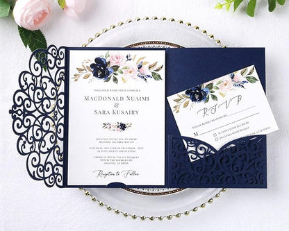 PONATIA 5.12 x 7.2 Laser Cut Invitation Pocket, 20PCS Tri-Fold 5 x 7 Laser Cut Wedding Invitation Pockets with Envelopes for Wedding Bbay Shower Birthday Sweet 16 Invite (Navy Blue, No Inner Sheet)
