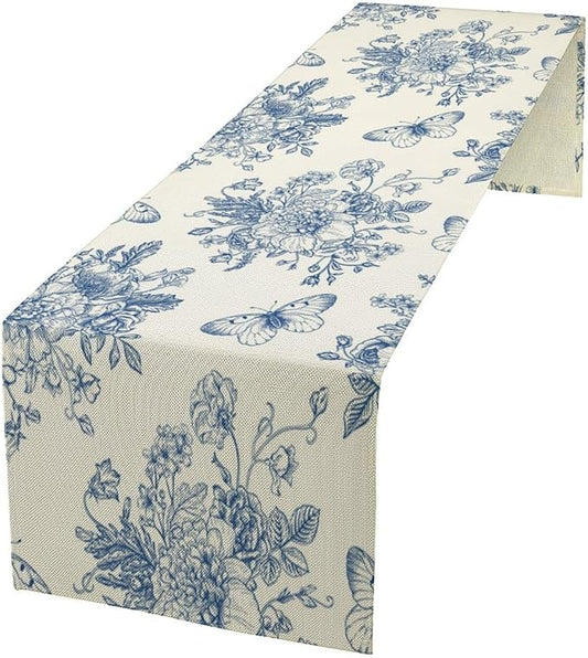 Monochrome Sketch Flowers Table Runner, Seasonal Spring Fall Plants Blue Florals Butterfly Dinner Runner for Home Kitchen Dining Table Party Holiday Decoration 13"x120"