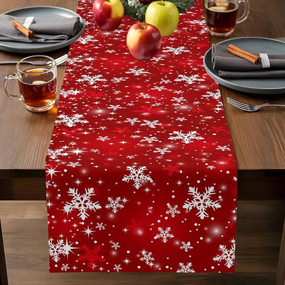 Christmas Snowflakes Cotton Linen Table Runner for Dining Kitchen, Red Xmas Winter Snow Wedding Outdoor Party Tablerunners Decoration, New Year Dresser Scarf Coffee Tablecloth Runners 13x70 Inches