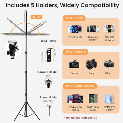 18" Foldable Ring Light with Stand for iPhone ipad, LED Display/2 USB Ports/4 Phone Tablet Holders, 2700-6500K Dimmable Ring Light for Tattoo Barber Makeup Studio Video Recording Photography