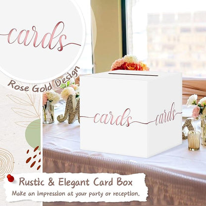 QIKSION White Wedding Card Box, Rose Gold Foil Gift Card Box for Party, Wedding Reception, Graduation, Birthday, Baby Shower, Raffle