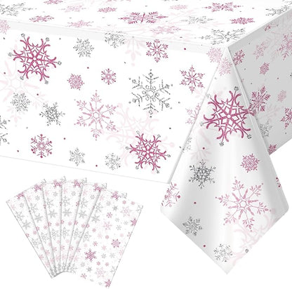 6 Pcs Christmas Snowflake Party Tablecloths Decorations,Plastic Pink Winter Onederland Rectangle Table Cover for Christmas New Year Girls 1st Birthday Baby Shower Holiday Party Decorations,54x108 inch