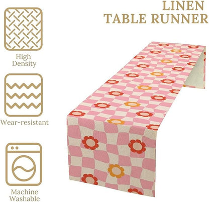 Vintage Floral Table Runner,60s Retro Color Funky Hippie Print Table Cloth Kitchen Dining Table Home Party Decoration 13x72 Inch