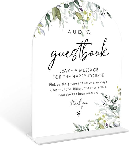 Greenery Audio Guest Book Sign, 6 x 8 Inch White Arch Acrylic Wedding Sign with Holder, Wedding Sign for Ceremony and Reception, Wedding Decoration, Wedding Supplies - LY29