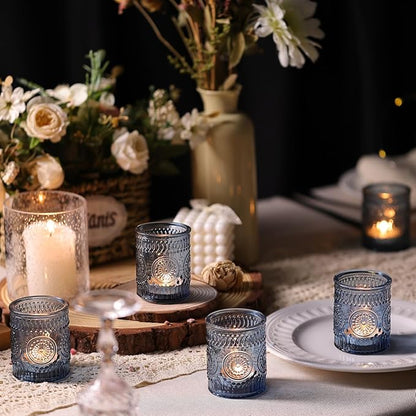 DARJEN Blue Votive Candle Holders Set of 36- Glass Candle Holders Bulk for Tea Light Candle, Embossed Candle Votives for Wedding Centerpiece, Living Room & Home Table Decor