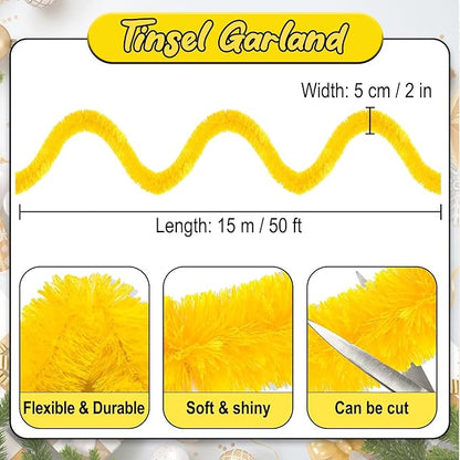 50 Feet Macaron Yellow Christmas Tinsel Garland, Metallic Foil Twist Banner Wall Hanging Tinsel Streamers Backdrop for Parade Floats, Christmas, Mother's Day, Birthday Party Decorations(2in x 50ft)