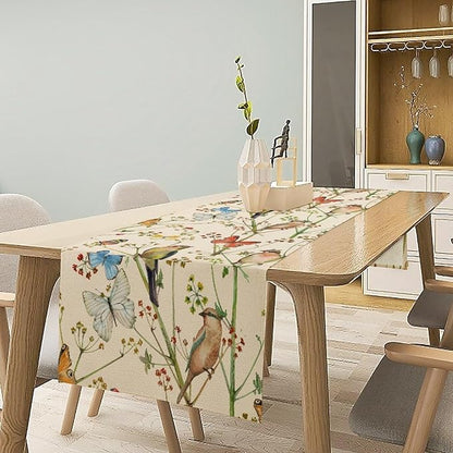 Brown Bird Floral Table Runner Spring Flower Kitchen Table Decoration Suitable for Family Dinner Decoration 13x108 Inch