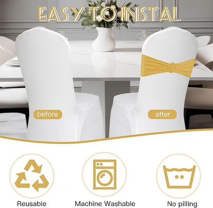 100PCS Spandex Stretch Gold Chair Sashes Bows Universal Elastic Chair Cover Bands Ties with Buckle Slider for Wedding Party Birthday Reception Event Banquet Decoration(Gold)