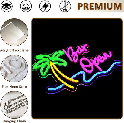 Bar Open Sign for Business, Neon Open Sign, USB Dimmable Palm Tree Neon Lights for Beer Bar Coffee Cafe Home Pub Man Cave Stores Hotel Party Window Wall Decor Restaurant