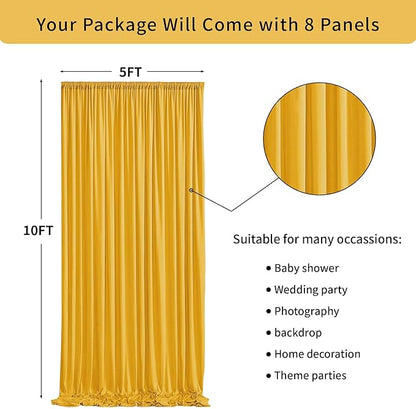 40 ft x 10 ft Wrinkle Free Yellow Backdrop Curtain for Parties, Ginger Polyester Photo Backdrop Drapes,Thick Background 8 Panels 5ft x 10ft for Baby Shower Wedding Birthday Party Backdrop Stand