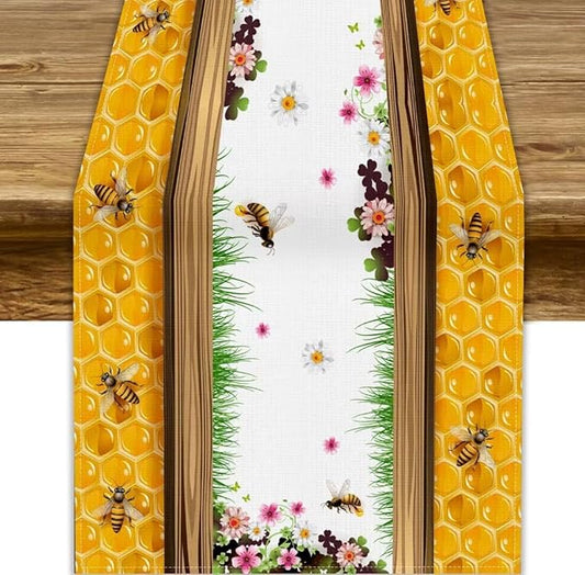 Watercolor Honeycomb Table Runner, Farmhouse Spring Summer Autumn Fall Floral Daisy Bee Print Kitchen Dining Table Decoration for Home Party Decor, 13x36inch