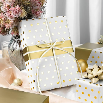 Flyhill Reversible Wrapping Paper-Mini Roll,Gold Foil and Polka Dot Design for Birthday,Holiday,Party,Baby Shower (17 Inch X 32.8 Feet)