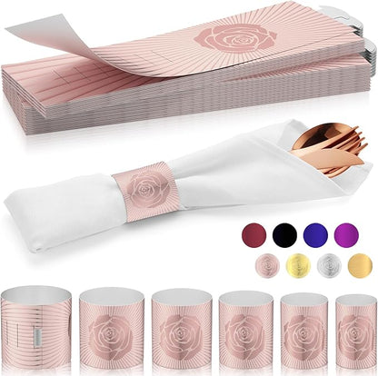 Polymer Material Reusable Napkin Band, Glue-Free Tear-Proof Water Resistant Oil-Proof Napkin Bands Set of 50(Front Rose Gold Color and Back Silver), 6 Adjustable Sizes Napkin Rings