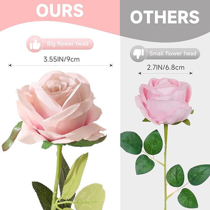 Tifuly Champagne Pink Roses Artificial Flowers - 12 Pcs Long Stem Silk Roses, Realistic Fake Roses with Stems for Bridal Bouquets, Home and Office DIY Decor