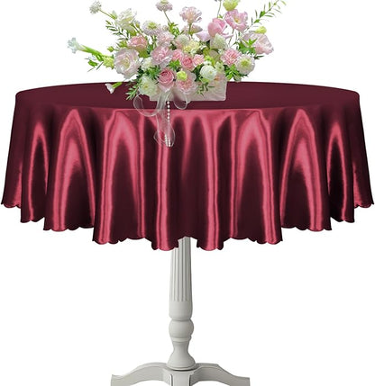 KKJIAF 1 Pack 60 Inch / 5ft Round Table Cloth, Burgundy Overlay Round Satin Table Cover, Silky Satin Dining Tablecloths for Wedding Buffet Parties Banquet Decoration