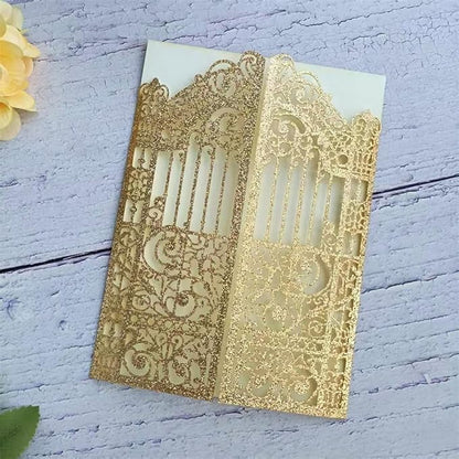 Glitter Laser Cut Gate Invitation Gold Castle For Wedding Valentine Birthday Quinceanera Sweet 16th 25 Sets (light rose gold glitter, 4.9"x7.1")