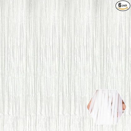 6 Pack White Foil Fringe Curtain Backdrop, 3.28Ft x 8.2Ft Metallic Tinsel Foil Fringe Streamer Curtains for Photo Booth, Birthday, Wedding, New Year Party Decorations