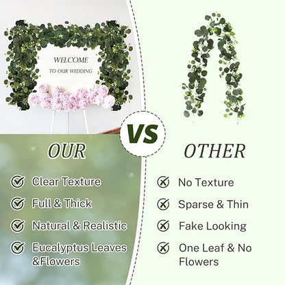 Eucalyptus Garland, 2 Packs 6FTGreen Flower Garland Decor, Artificial Faux Eucalyptus Leaves Greenery Vines for Table Runner Wedding Bedroom Mantle Centerpieces Backdrop Decorations