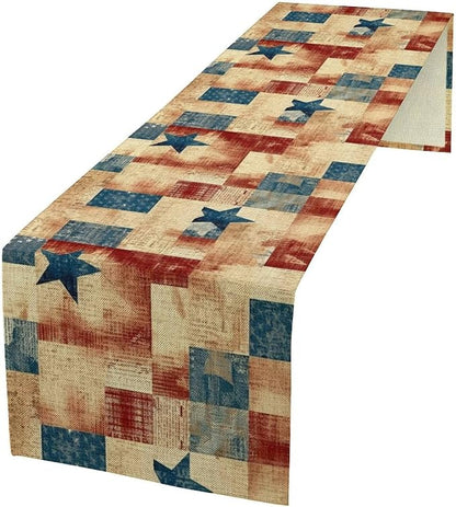 4th of July Table Runner, Rustic Vintage Country Red White Blue American Stars Independence Day Print Table Cover for Farmhouse Kitchen Dining Table Decor, 13x36inch