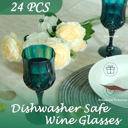 Plastic Wine Glasses，Plastic Goblets Vintage Style Cordial Drinking Glasses for Wedding Reception, Christmas Grand Event Party Supplies (24, Green)
