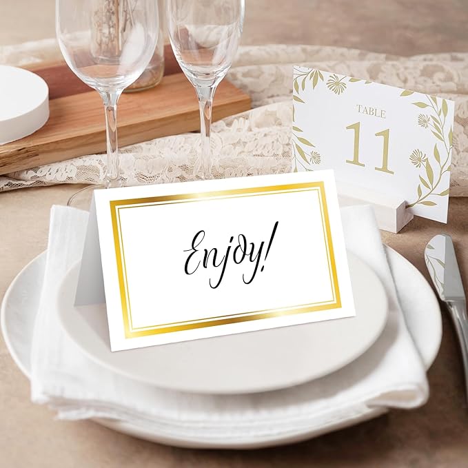 25 Premium Place Cards for Table Seating, Wedding Name Place Card with Gold Foil Border, Tent Cards for Birthday Bridal Shower Baby Shower Reception Dinner Party Decorations -A29