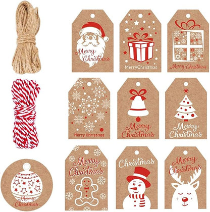 100 Pack Brown Kraft Paper Christmas Gift Tags， Xmas Brown Kraft Gift Tags with Jute Twine Baker Twine for DIY Xmas Holiday Present Wrap Stamp and Label Package Name Card