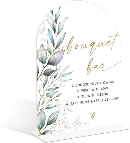 Acrylic Wedding Signs, Greenery Theme Bouquet Bar Sign, Wedding Reception Signage, Bridal Shower Table Decor with Stand, Bouquet Bar Supplies for Engagement, Anniversary, Newlywed Event and Party, 05