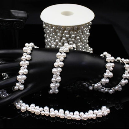 1 Yard Pearl Trim Chain String Silver Applique Fringe Ribbon Strips Beads Sewing Dress DIY Party Wedding Bouquet for Decoration Bridal Costume Embellishment