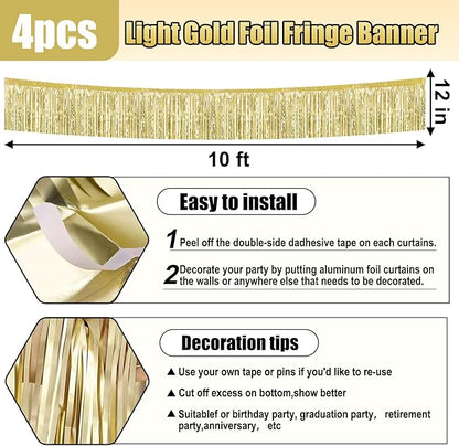 4 Pack 10 Feet Light Gold Foil Fringe Garland Metallic Tinsel Streamers Banner Wall Hanging Curtain Backdrop for Parade Floats, Wedding, Graduate, Mother's Day, Birthday Party Decoration
