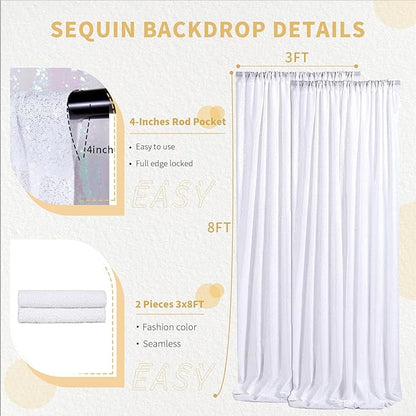 3x8FT White Backdrop Curtains 2 Panels Sequin Fabric Drapes Wedding White Curtain Backdrop Background for Birthday Party