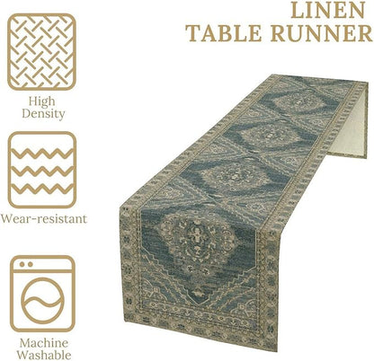 Boho Floral Vintage Table Runner, Blue Teal Retro Flower Rustic Country Farmhouse Pattern for Home Kitchen Table Decor Dining Coffee Room Party Decor 13x36in