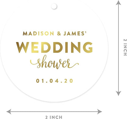 Andaz Press Personalized Round Circle Wedding Gift Tags, Metallic Gold Ink, Wedding Shower, 24-Pack, Custom Made Any Name