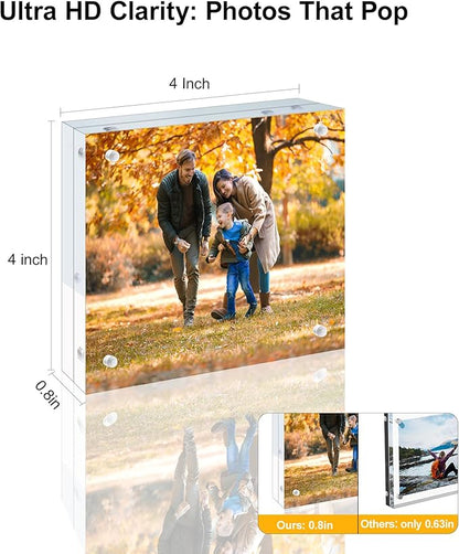 5 Pack 4x4 Acrylic Picture Frames - 20% Thicker Double Sided Magnetic Frame with UV Protection - Freestanding Clear Frameless Display for Tabletops - Modern Photo Frame Set for Home & Office Decor