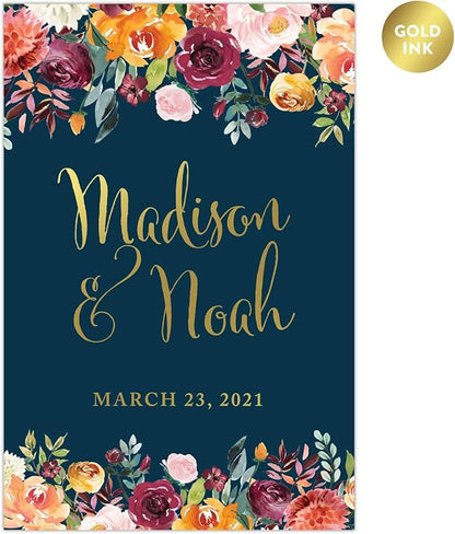 Andaz Press Personalized Extra Large Wedding Easel Board Party Sign, 12x18-inch, Fall Autumn Orange Burgundy Coral Roses on Navy Blue, Bride Groom Names and Date, 1-Pack, Custom